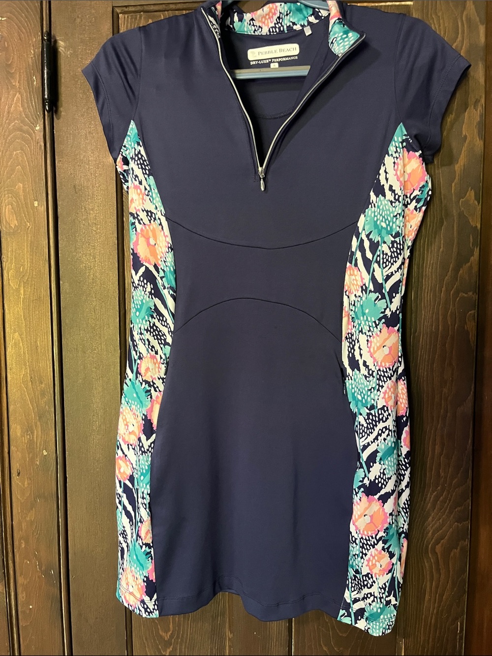 Pebble Beach Navy Dress with Teal and Coral Floral Panels